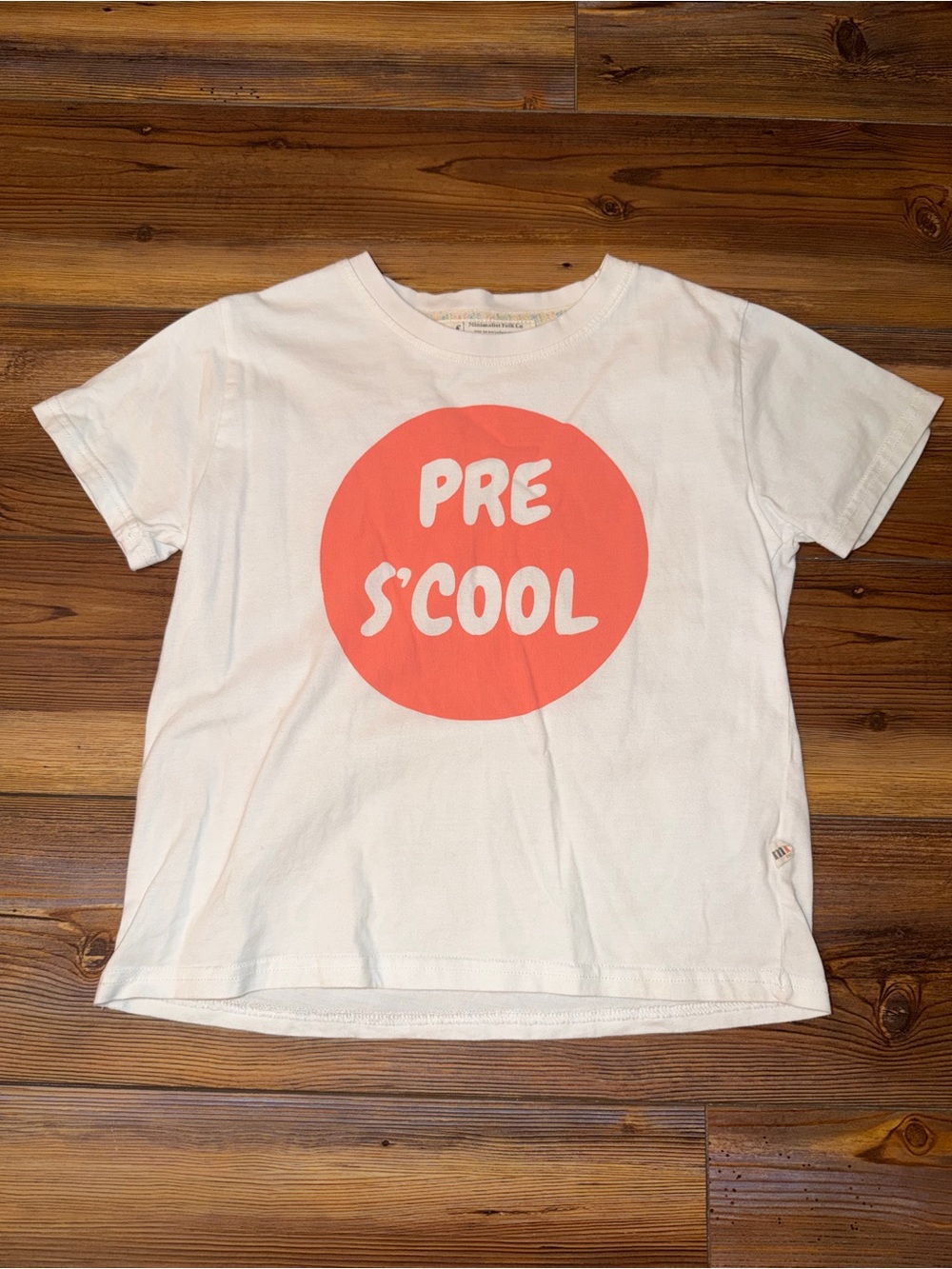 Minimalist folk Kids White Tee with Coral Graphic "PRE S'COOL"